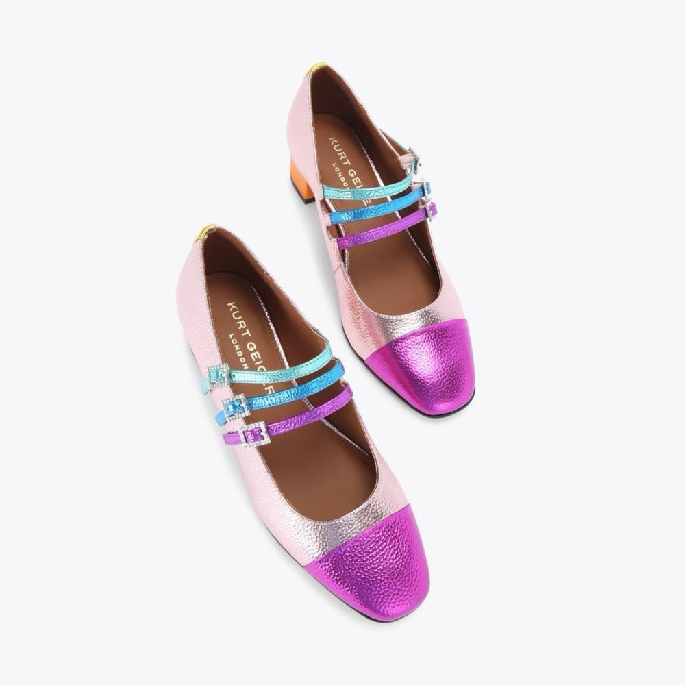 Kurt Geiger Pink and Purple Metallic Mary Jane Flats with Blue Straps